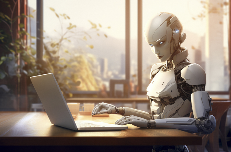IA e Ética no Atendimento ao Cliente: Desafios e Oportunidades 2 Um robo com traço femino sentado a mesa com um notebook ilustrando o uso de IA no atendimento ao cliente